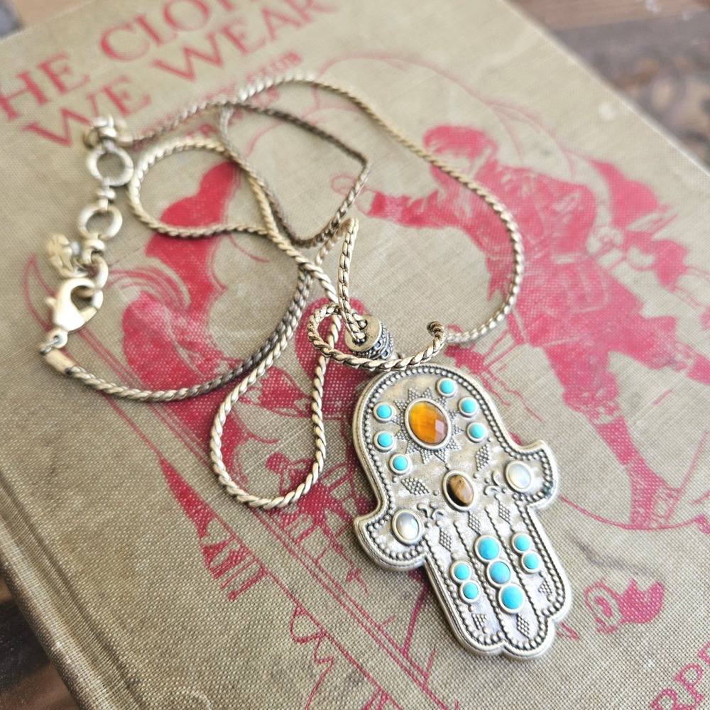 Lucky Brand Hamsa Hand Pendant Necklace Silver Tone Turquoise Tigers Eye Boho - Picture 5 of 6